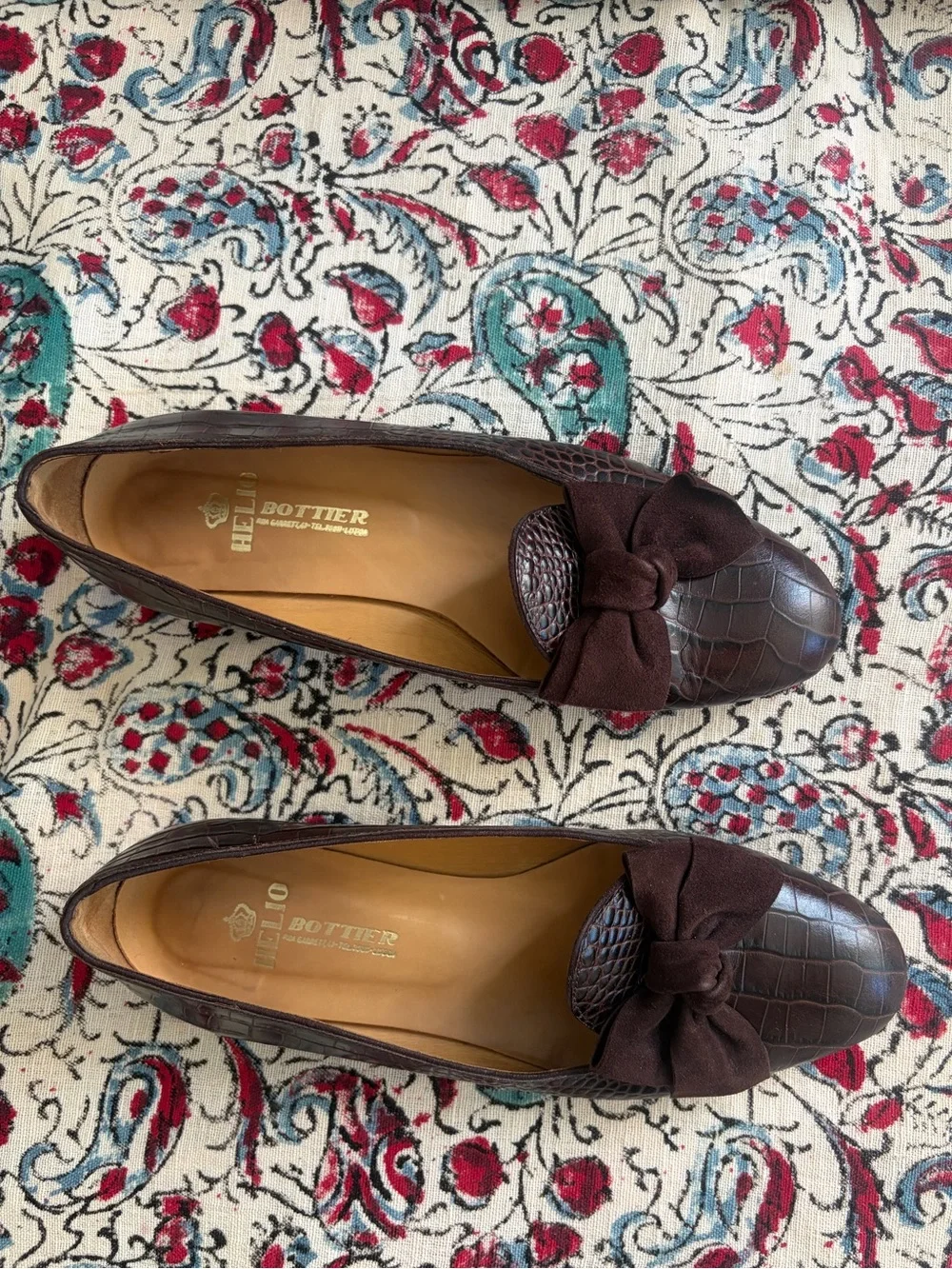 Dark Brown Croc-Embossed Leather Loafers with Bow, Size 37.5, Made in Portugal